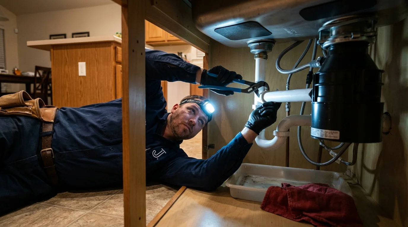 P-trap and supply line connections under a kitchen sink showing a common leak point in Clarkdale, AZ